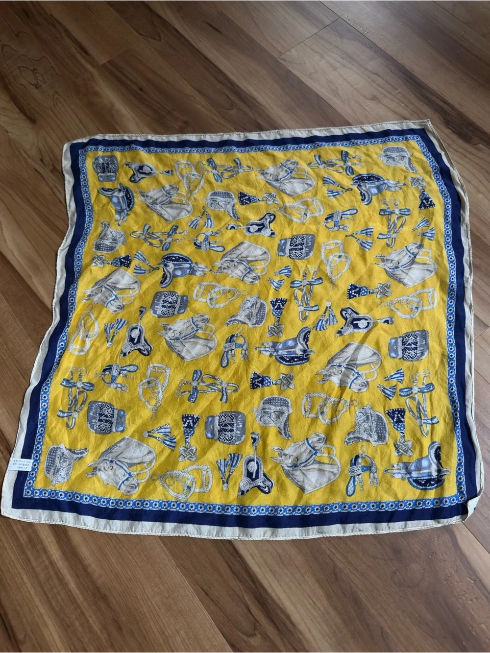 Vintage Yellow Equestrian Print 100% Silk Scarf Bandana